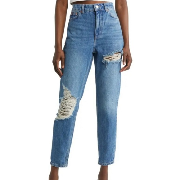 Topshop Denim - Topshop Distressed Mom Ankle Jeans Medium Wash Denim Size 28